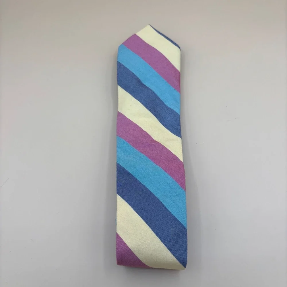 Lands End Vintage Mens Silk Cotton Striped Tie Hand Sewn USA Multi Color Preppy